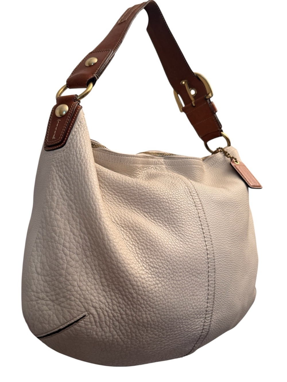 COACH Pebble Leather Hobo Bag in Cream/white with Brown Strap
